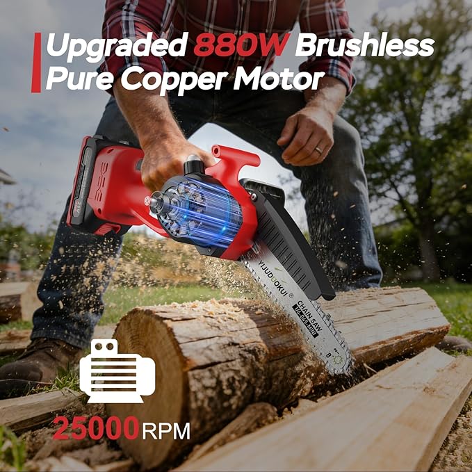 Mini Chainsaw Cordless 8inch, Portable Electric Chainsaw With Batteries,Small Handheld Battery Powered Chain Saw for Tree Trimming, Wood Cutting, Garden Pruning-Red