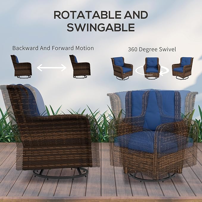 Outsunny 4 Piece PE Rattan Outdoor Patio Furniture Set, Wicker Conversation Set with 2 Swivel Glider Chairs, 2-Tier Glass Table and Loveseat for Garden, Patio, Poolside, Blue