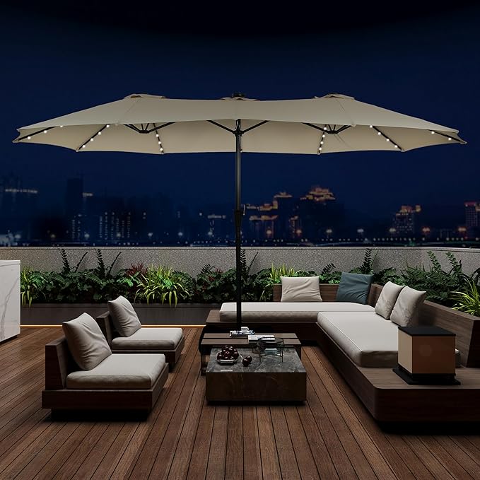 15 ft Patio Umbrella with 48 LED Lights, Large Rectangle Outdoor Solar Umbrella with Matching Base, Strap, Crank, Khaki