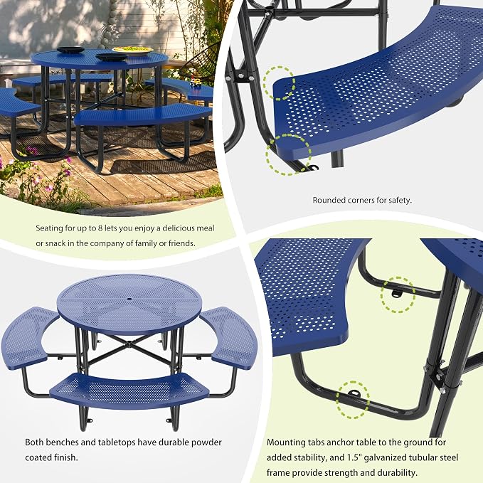 46-inch Heavy-Duty Outdoor Steel Round Picnic Table, Portable Commercial-Grade Picnic Table with Parasol Hole, Sturdy and Durable, Ideal for Garden and Patio Barbecues (Blue - Round)