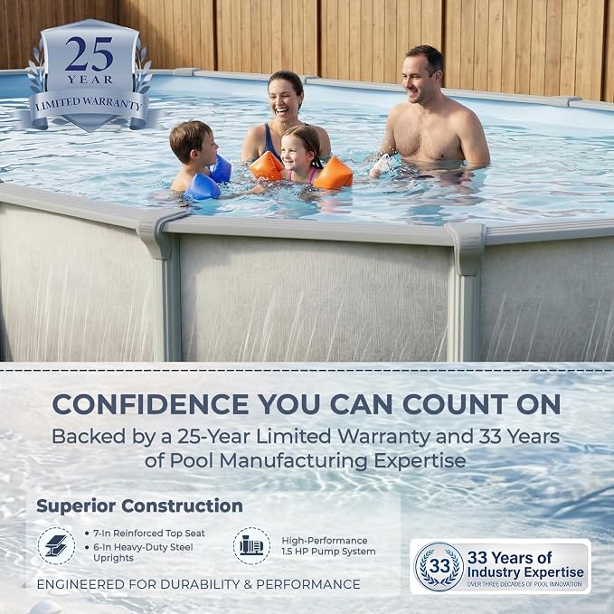 Blue Wave Martinique 15x30-ft Oval 52-in Deep Hard Sided Above Ground Pool with 7-in Steel Top Rails, Dual-Speed Sand Filter System, Ladder, Liner, Skimmer & Maintenance Kit – 9,900 Gallon Cap