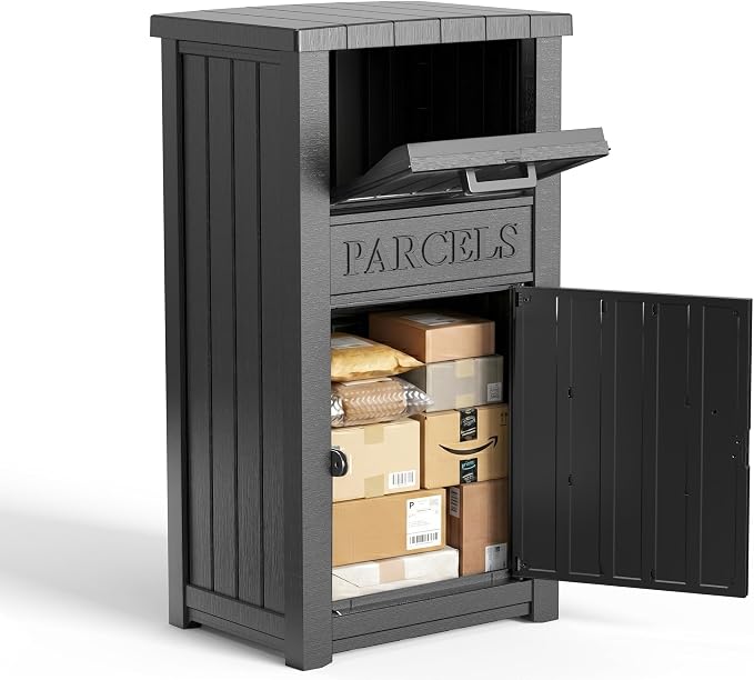 EasyUp Package Delivery Box Outdoor, Weatherproof & UV Resistant Resin Storage Box with Lockable Lid and Flip-Up Delivery Slot, Secure Contactless Parcel Drop Box for Porch (Black)