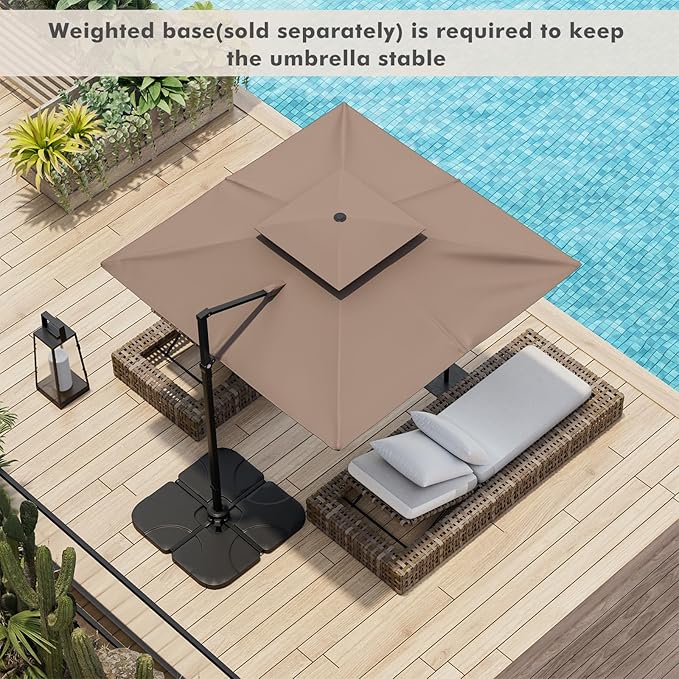 Tangkula 9.5 FT Cantilever Patio Umbrella, Outdoor Square Offset Umbrella with 360° Rotation, Double Top Heavy Duty Patio Hanging Umbrella with Cross Base for Garden Deck Pool Backyard (Tan)