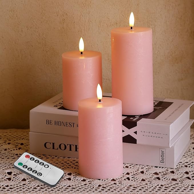 Pink Flameless Pillar Candles, Real Wax Battery Operated Candles with Remote, Flat Top Flickering Flameless Candles, LED Candles for Home Party Wedding Romantic Night Decor, Set of 3