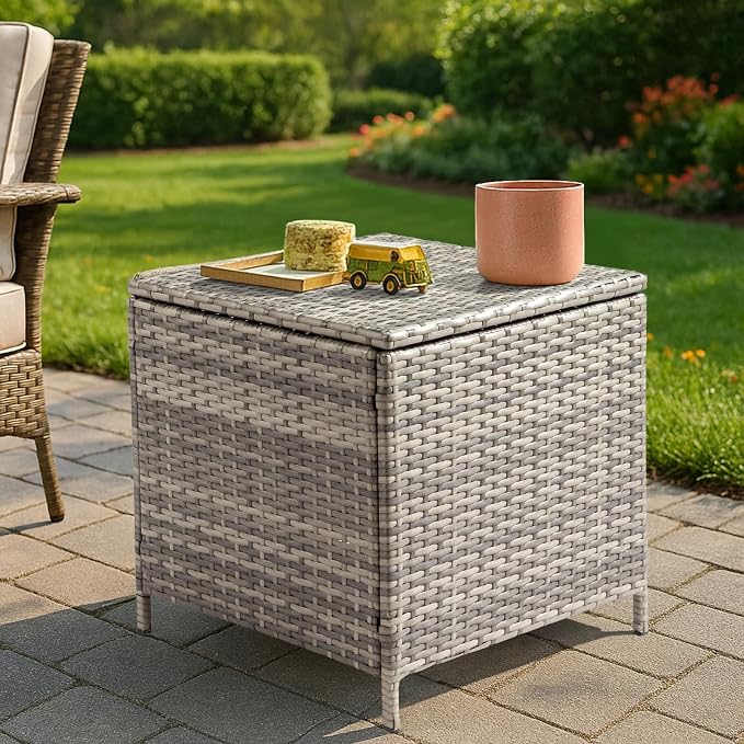 Vasitelan Outdoor Wicker Storage Side Table, Patio Brown PE Rattan End Table with Storage, Square Container for Furniture Covers, Gardening Tools (Grey)