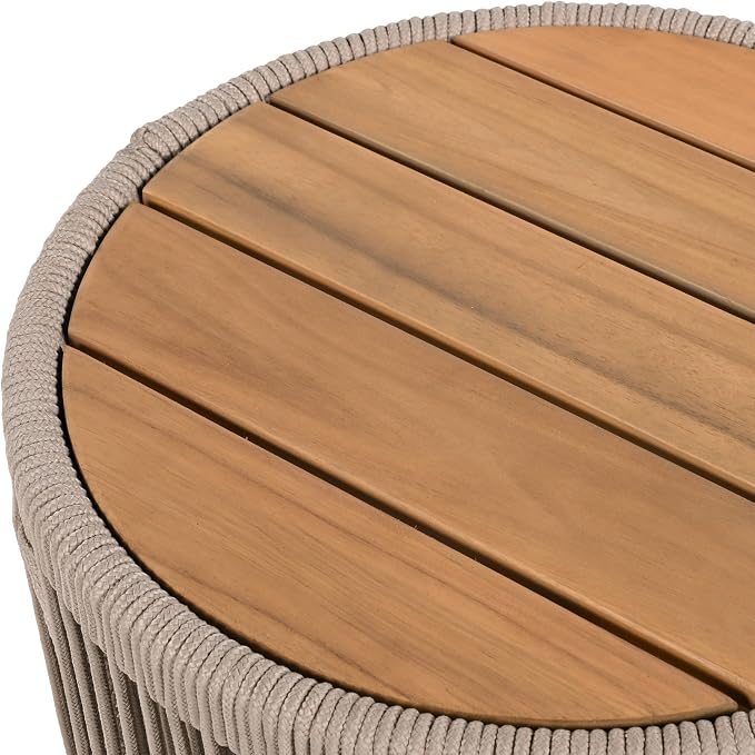 IRONORA Outdoor Rattan Rope & Acacia Wood Side Table - Patio Balcony Furniture for Garden, Yard, Balcony - Weather Resistant