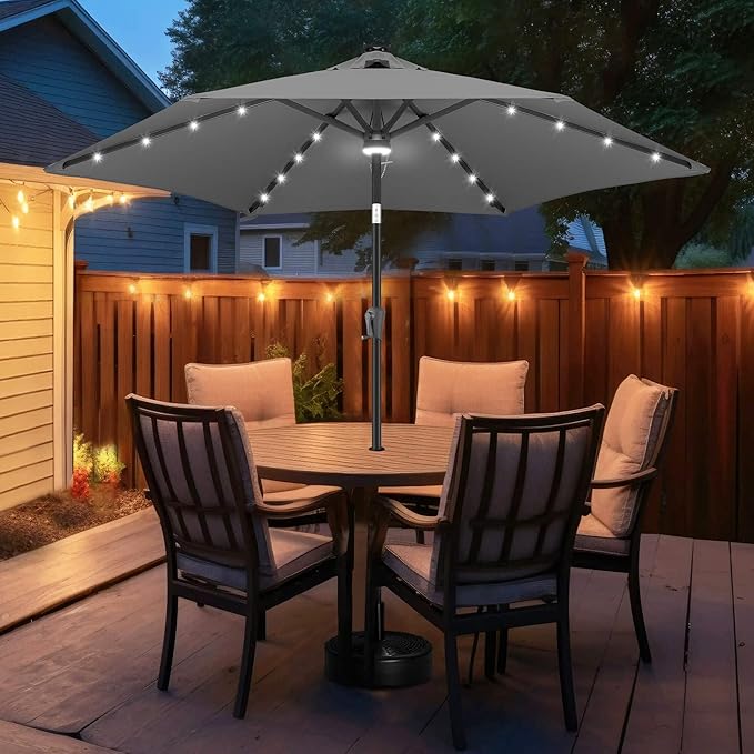 FLAME&SHADE 10ft Solar Outdoor Umbrella - 24 LED Lighted Patio Umbrella with Centre Surround Light, Table Umbrellas with Tilt & Crank for Pool, Porch, Garden, Deck, Backyard UV Protection (Anthracite)