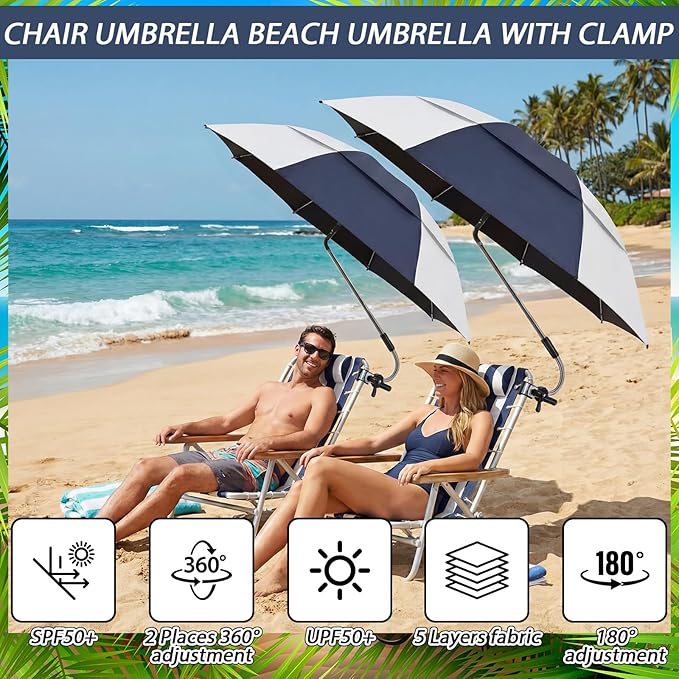 Abbylike 2 Pack 48.6" Double Canopy Umbrella with Clamp UPF50+ Beach Chair Umbrella with Clip 360°adjustable Portable Outdoor Wheelchair Patio Golf Carts Camping