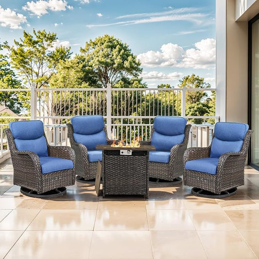 Outdoor Swivel Rocker Patio Chairs Set of 4 with Fire Table - 5" Thick Cushion 5 Piece Furniture Set with Fire Pit Table All Weather Wicker Conversation Set for Porch Deck - Brown/Blue