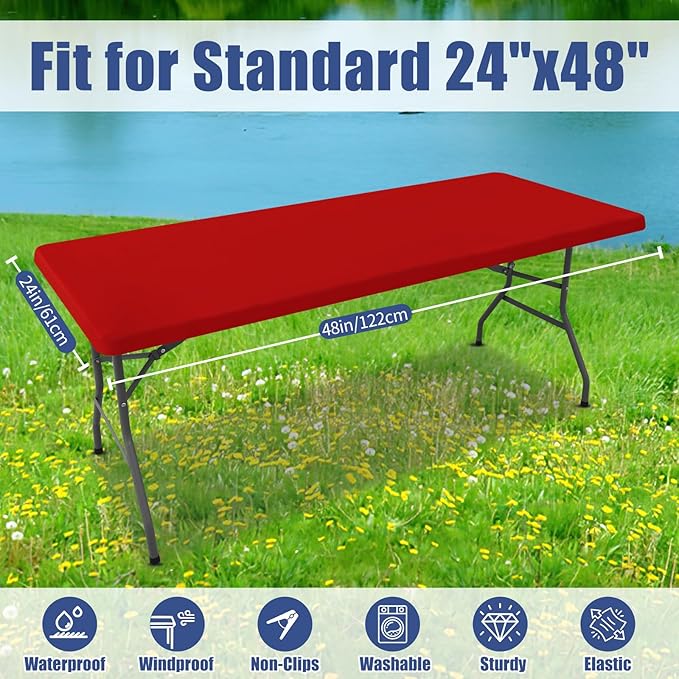 Moosfor Spandex 4 Foot Rectangle Christmas Table Cloth 2 Pack, Elastic Fitted Tablecloths for Picnic, Stretch Washable Patio Table Cover for Outdoor, Camping, Banquet and Parties (Red, 24"x48")