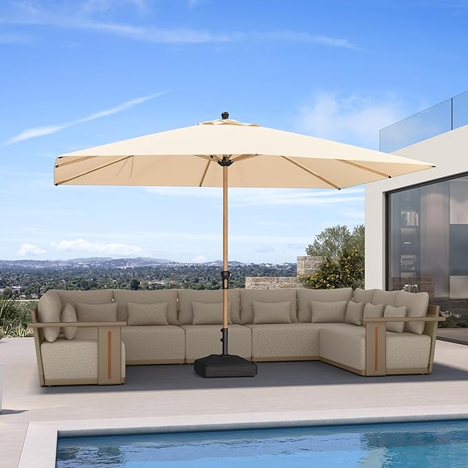 PURPLE LEAF 8' x 11.5' Patio Umbrella with Base Outdoor Umbrella Market Umbrella with Crank & 8 Ribs Aluminum Rectangular Table Umbrella Outdoor Patio for Backyard, Beige