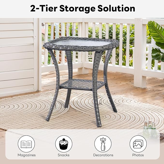Belord Patio Chairs Outdoor Furniture Set, 3 Peices Porch Wicker Furniture with Side Table, Deep Seating Patio Bistro Chair Sets (Grey Cushion)