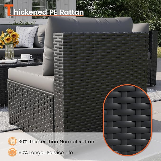 Patio Furniture Set, 7-Piece Outdoor Sectional All-Weather Wicker Patio Conversation Set for Backyard, Garden, Grey