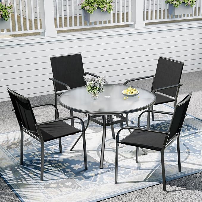 Outdoor Patio Set, 40" Round Glass Dining Table and 4pcs Stackable Chairs, All-Weather Patio Furniture Set with 1.7" Umbrella Hole for Garden Backyard Lawn Poolside