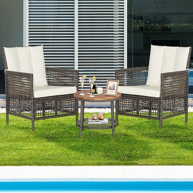 Tangkula 3 Piece Patio Conversation Set, Outdoor Rattan Chair Set W/ 2-Tier Coffee Table, Acacia Wood Tabletop, Cozy Seat & Back Cushions, Wicker Sofa Set for Backyard Poolside Front Porch (Off White)
