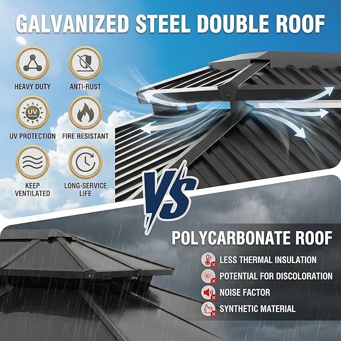 HOTEEL 10x12 Hardtop Gazebo Hot Tub Gazebo with Flame-Retardant Curtain Netting, Heavy Duty Pavilion with Galvanized Steel Double Roof, Aluminum Frame Outdoor Canopy for Patio, Party