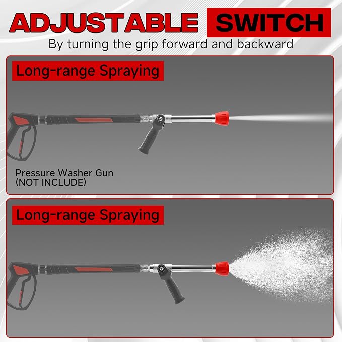 Adjustable Pressure Washer Long Range Nozzle - 2 Mode Shooter Tip with 12" Stainless Steel Lance, 1/4" Quick Connect, Power Washer High Reach Spray Nozzle