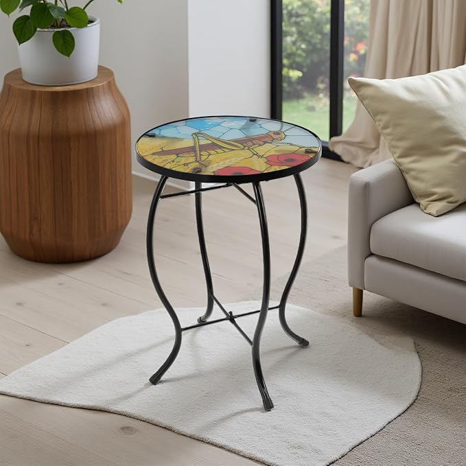 Small Side Table with Metal Frame, 10.5" Round Side Tables with Grasshopper Pattern,Outdoor Table for Balcony,Terrace,Garden,Living Room