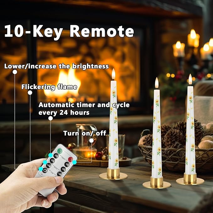 Sunflower Taper Candles Battery Operated, 9.6" Real Wax Flameless Candles with Remote, Flickering LED Candlesticks for Home, Wedding, Party Decor, 3 Pack