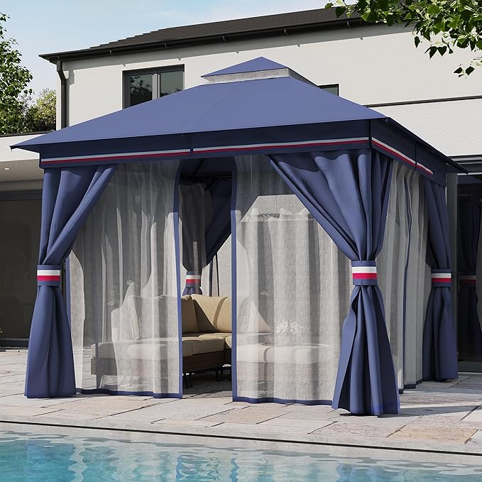 LAUSAINT HOME Patio Gazebo 10'x10', Outdoor Heavy Duty Party Tent Shelter with Double Roofs, Mosquito Nettings and Privacy Screens for Backyard, Garden, Lawn, Classic Blue