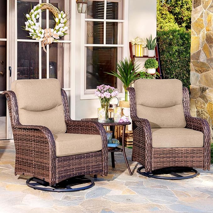 HILLGA Luxury Patio Furniture Set with 6-inch Thick Cushion, Outdoor High Back Swivel Rocker Patio Chairs, 3PCS Wicker Conversation Set for Deck Yard and Poolside, Beige (V2)