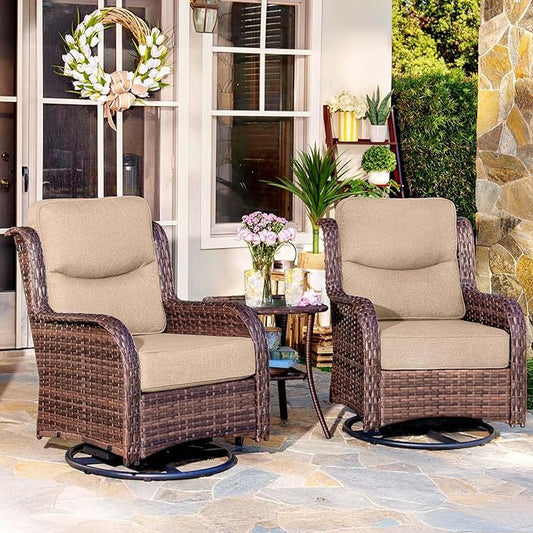 HILLGA Luxury Patio Furniture Set with 6-inch Thick Cushion, Outdoor High Back Swivel Rocker Patio Chairs, 3PCS Wicker Conversation Set for Deck Yard and Poolside, Beige (V2)