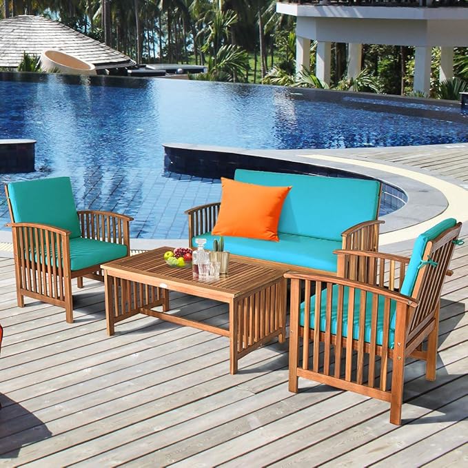 Tangkula 8 PCS Outdoor Acacia Wood Sofa Set w/Water Resistant Cushions, Padded Patio Seating Chat Set w/Coffee Table for Garden, Backyard, Poolside (2, Turquoise)