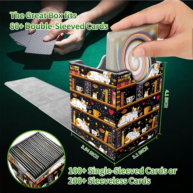 Deck Box for MTG, Cards Storage Box Fits 120+ Sleeved, Leather Medium Size Strong Magnetic Closing Card Case for Board Games Magic TCG CCG Baseball Collection, Black Book Cat