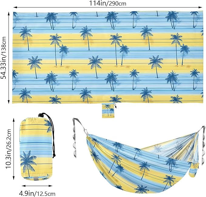 Camping Hammock Outdoor Hammocks for Outside Blue Stripe Palm Tree Beach Trees Portable Lightweight with Pockets Tree Straps Indoor