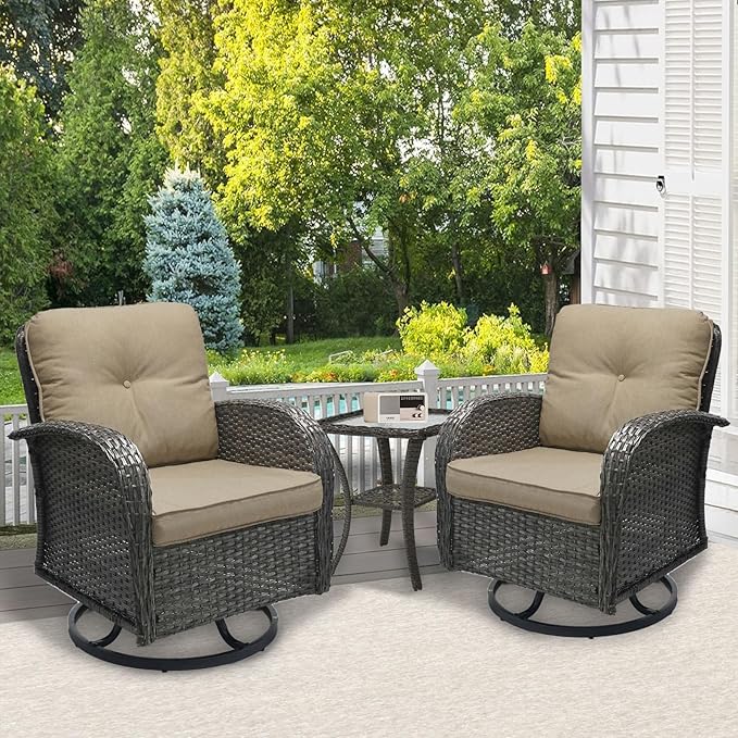 SHGJ&SOFT 3 Piece Patio Furniture Set, 2 Outdoor Swivel Rocking Chairs with Side Table, Wicker Glider Chairs, All-Weather Rattan Bistro Set for Porch, Deck, Pool (Khaki, Grey Full-Weave Rattan)