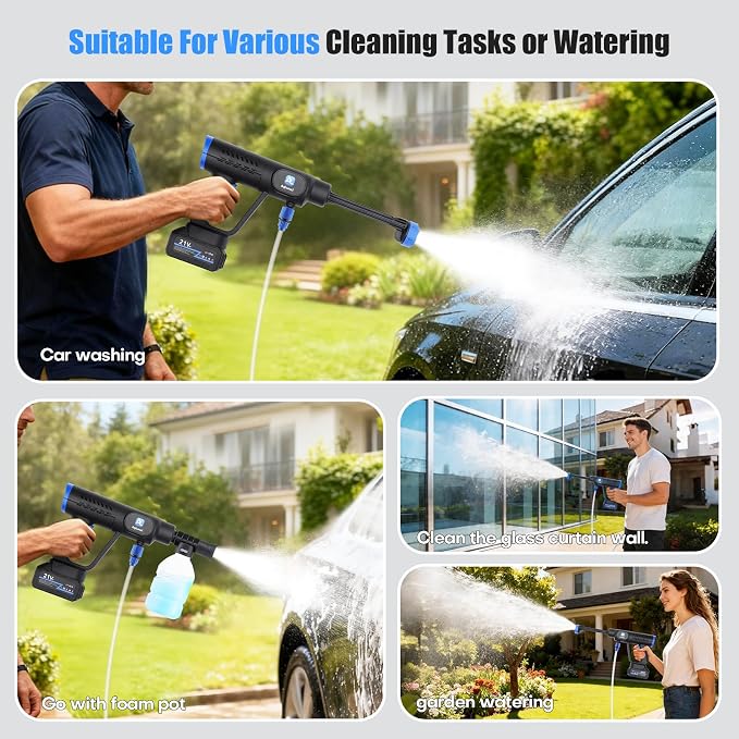 Cordless Portable Cleaning Tools, Brushless Portable Power Machine with LCD Display,100 Levels Adjustable,2×21VRechargeable Batteries 6-in-1 Nozzle Sprayer for Car,Patio,RV,Fence & Yard Cleaning