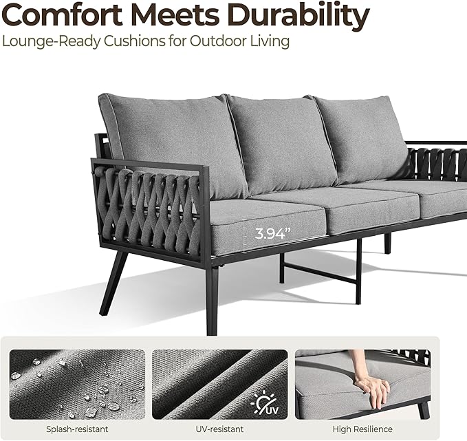 Outdoor Patio Furniture Set, 6-Piece Metal Conversation Furniture Sofa with Coffee Table, All Weather Patio Couch Sofa with Thick Cushions for Balcony Backyard,Dark Grey