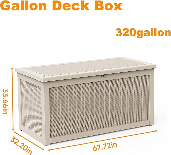 320 Gallon Heavy Duty Wicker Outdoor Storage Box, Weather Resistant Rattan Textured Lockable Large Container for Backyard, Pool & Patio Bulk Outdoor Item Storage (Grey,320GAL)