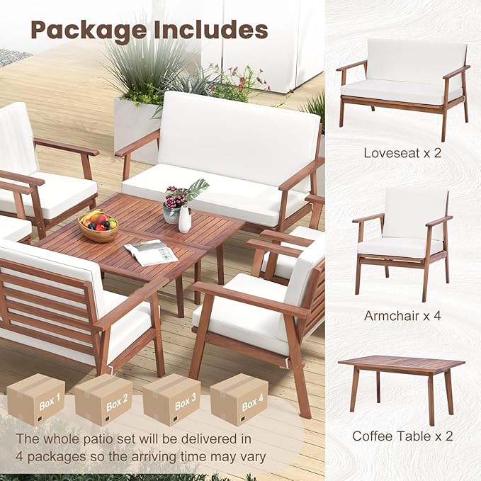 Tangkula 4 Piece Outdoor Conversation Set, Acacia Wood Sofa Set with Soft Seat & Back Cushions, Rectangle Coffee Table Patio Wood Furniture Set for Backyard, Poolside, Garden (2, Off White)