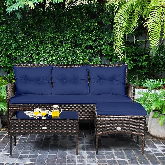 HAPPYGRILL 3 Piece Outdoor Rattan Conversation Set Patio Furniture Set with Tempered Glass Coffee Table, 5 Elastic Seat & Back Cushions, Sectional Sofa Set for Poolside Balcony Backyard