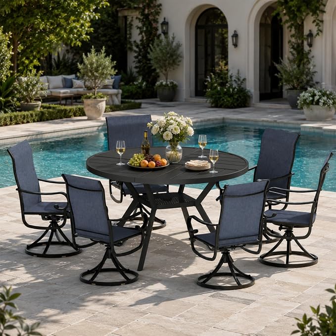 7 Piece Patio Dining Set for 6 Swivel Chairs and 47” Round Metal Table with Umbrella Hole, All Weather Patio Dining Furniture Set for Deck Lawn Backyard, Black Table and Navy Blue Chairs Set