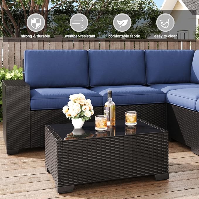 LayinSun 13 Pieces Patio Furniture Set with Fire Pit Table, Black Rattan Modular Sectional Patio Conversation Sofa Set
