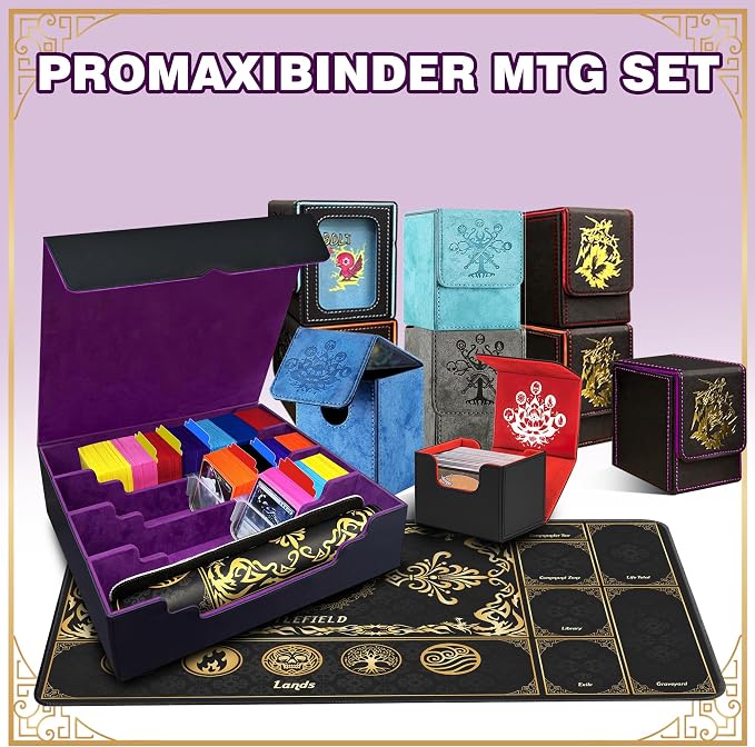 PROMAXIBINDER Trading Card Storage Box Fits 4000+ Cards, 4-Row MTG Commander Deck Case with Playmat, 6 Movable Partitions 24 Dividers PU Leather Magnetic Closure, Magic/TCG/YuGiOh/Sport (Black&Purple)