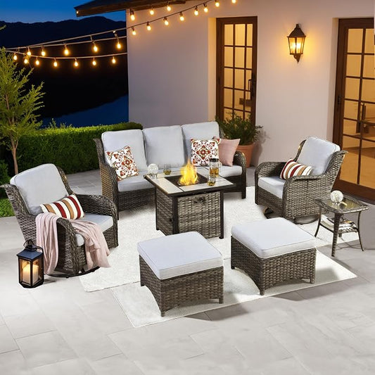 ovios 7 Pieces Patio Furniture Set with 30 inch Fire Pit Table, Outdoor Wicker Sofa Couch Swivel Rocking Glider Chairs, Modern Luxury Conversation Set, Grey Wicker, Grey
