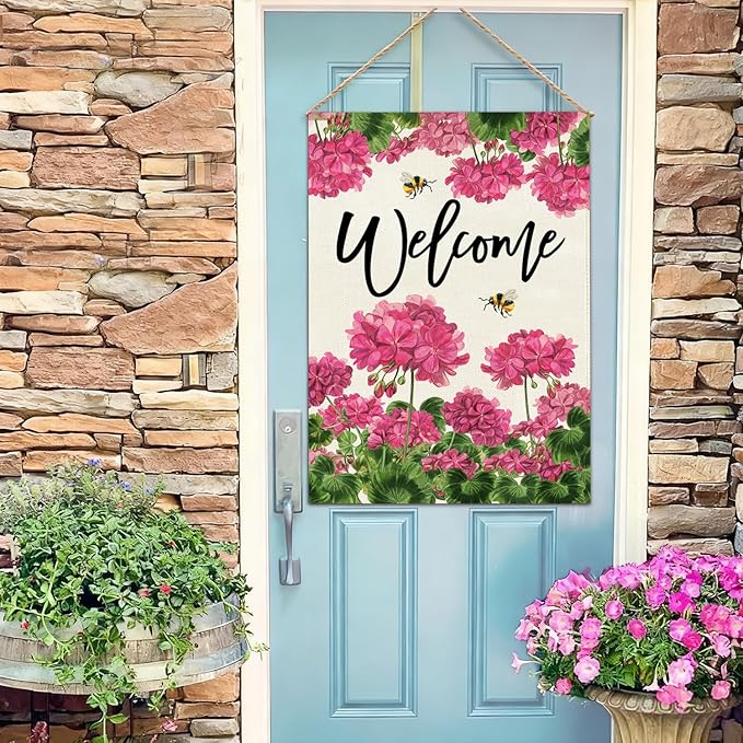 Baccessor Spring Summer Geranium Welcome Garden Flag Double Sided Burlap with Clip and Stopper,Pink Floral Bee Flag Seasonal Farmhouse Front Entry Yard Lawn Outside Outdoor Decoration 12.5 x 18 Inch