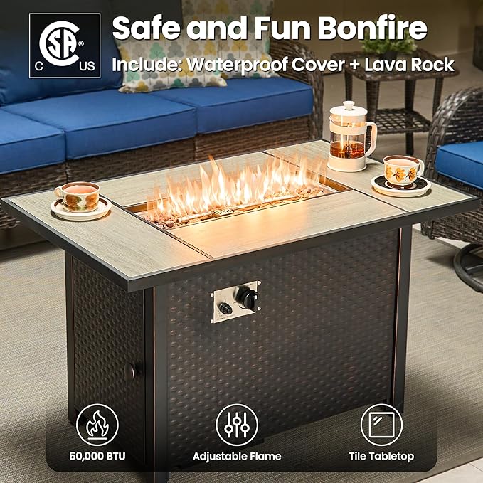 ovios 7-Piece Patio Furniture Set with Swivel Chairs Coffee Table, Outdoor Wicker Sofa with 42" Fire Pit Table, High Back Couch Modern Conversation Sets, Brown/Navy Blue