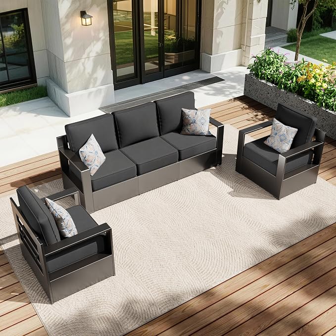 Aluminum Patio 79" Sofa Set with 2 Armchairs, All Weather Outdoor Conversation Furniture Set with Metal Armrest & 6" Water-Resistant Cushions & Furniture Covers for Deck Porch (Grey)