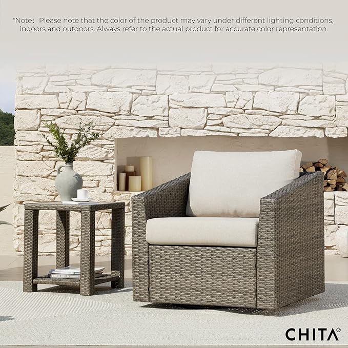 CHITA 3 Pieces Wicker Patio Bistro Set, Outdoor Furniture Set with 2 Pieces Rattan Swivel Chairs, Thickened Cushions and Side Table, Beige Cushions with Grey Wicker