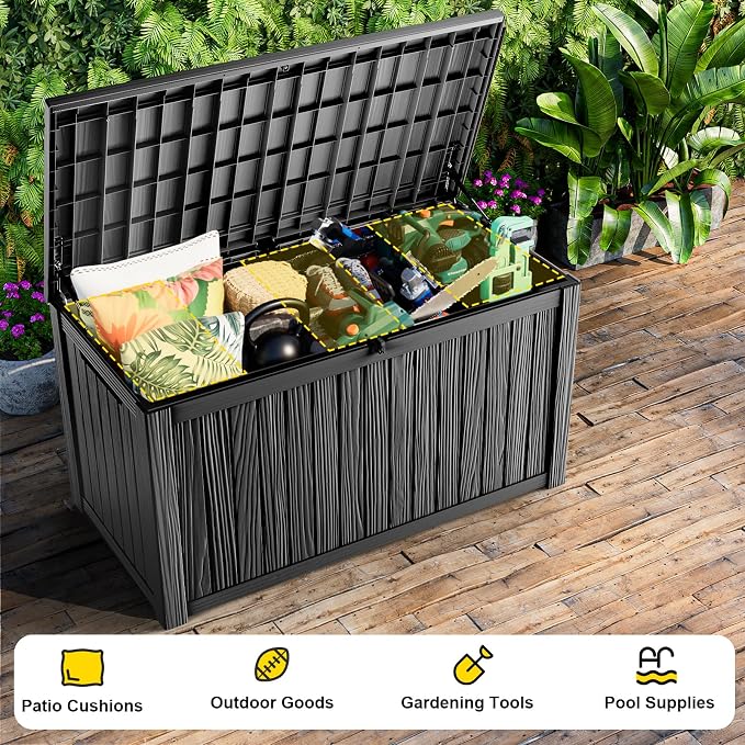 200 Gallon Outdoor Storage Box Waterproof, Resin Lockable Deck Box with Lid, Large Capacity Weatherproof Container for Patio Furniture Pool Accessories, Side Table(Black, 200 Gallon)