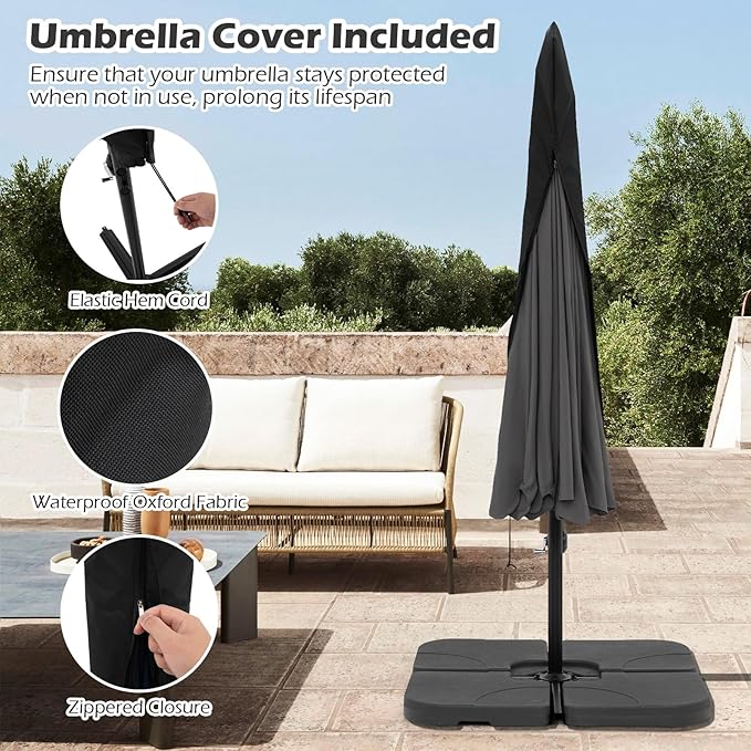 Tangkula 10FT Offset Hanging Umbrella with Cover, Patio Cantilever Umbrella w/ Easy Tilt Adjustment, Crank, Ruffled Edge, 8 Ribs, Sun-Protective Canopy, Heavy-Duty Outdoor Parasol for Pool Garden Deck (Gray)