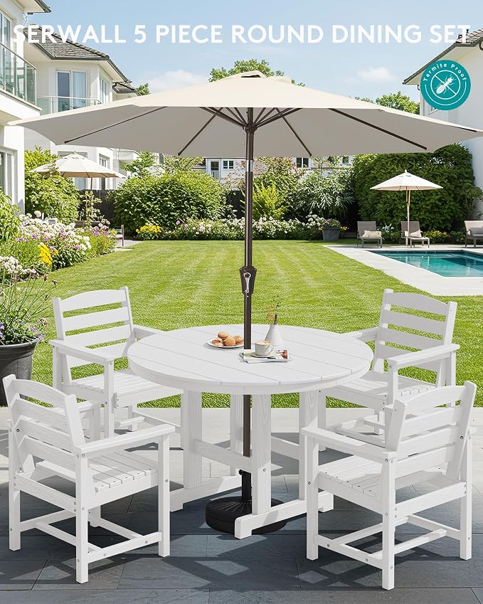 SERWALL 5-Piece Patio Dining Sets, HDPE Outdoor Table and Chairs Furniture Set, 45" Round Dining Table and 4 Dining Chairs, White