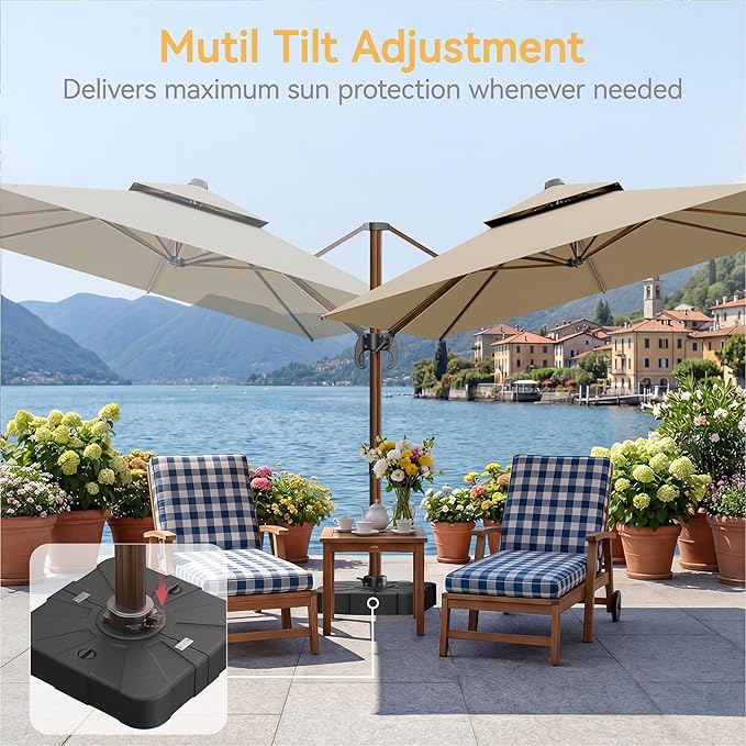 10x13 FT Wood Pattern Patio Umbrella with Base, Large Deluxe Cantilever Rectangular Double Top Heavy Duty Offset Umbrellas with 360° Rotation, Outdoor shade for Garden Pool Patio, Tan