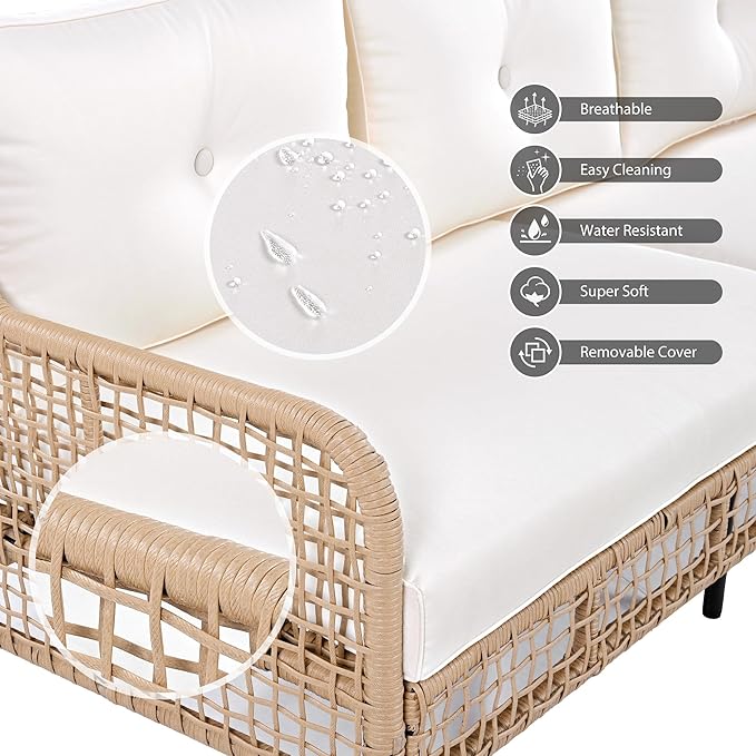 4 Pieces Patio Furniture Set, Rattan Outdoor Conversation Set with 1 3-Seater Sofa, 2 360°Swivel Rocking Chair and 1 Solid Wood Tabletop Coffee Table for Poolside Backyard Deck (Beige/264)