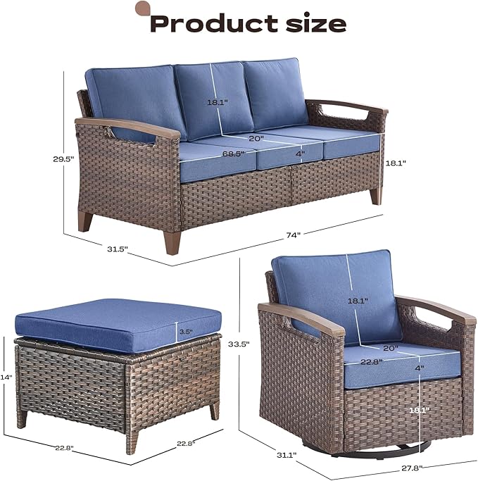 Rilyson Wicker Outdoor Patio Furniture Set - 5 Piece Patio Conversation Sets with Swivel Rocker Chairs, Ottomans and Sofa, Thick Cushions, Waterproof Wicker, for Porch Deck Brown/Blue