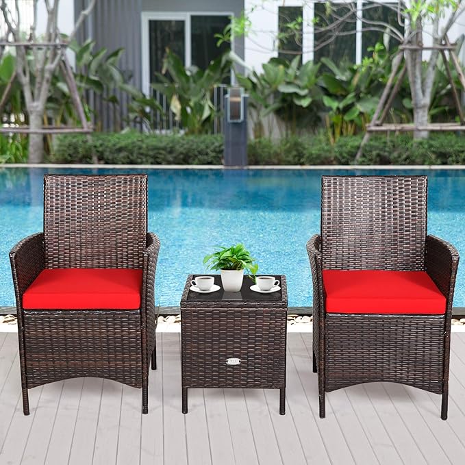 Tangkula 3-Piece Patio Conversation Set, Wicker Chairs with Glass Top Square Coffee Table & Cushions, All-Weather Outdoor Rattan Furniture Set for Garden Backyard Balcony Poolside (Red)